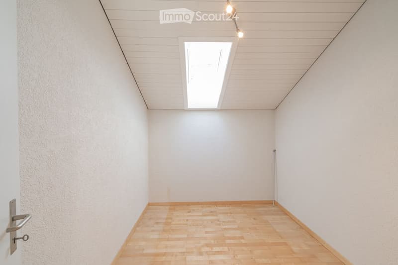Empty room with light wooden flooring, white walls, and a skylight window in the ceiling.