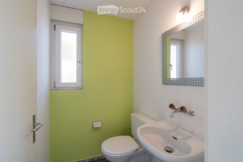Modern bathroom with white walls, green accent wall, toilet, sink, and mirror with decorative frame.