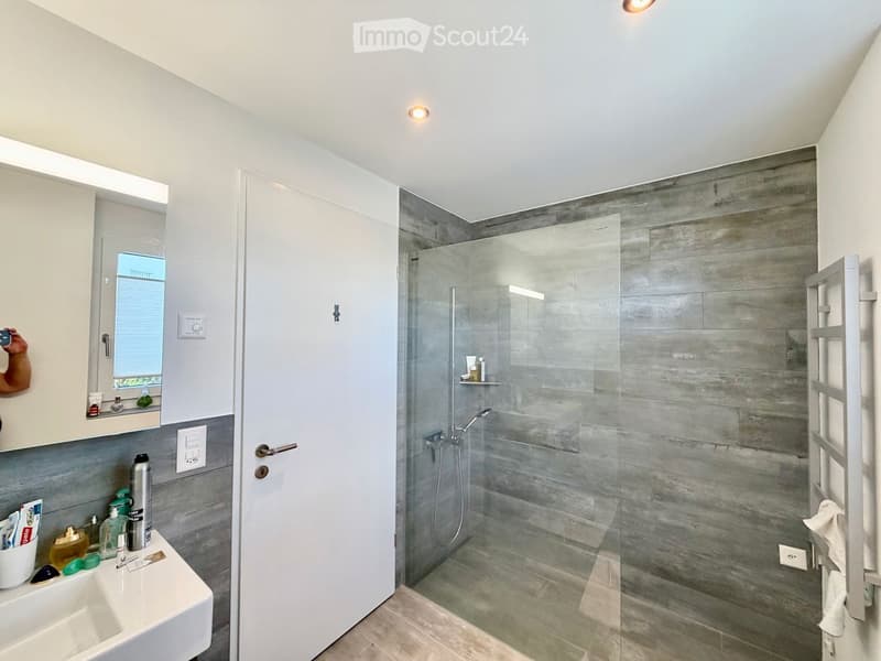 Modern bathroom with a glass-enclosed shower, sink with mirror, and towel rack. Grey tiled walls and floor, white cabinetry, and various toiletries on the sink counter.