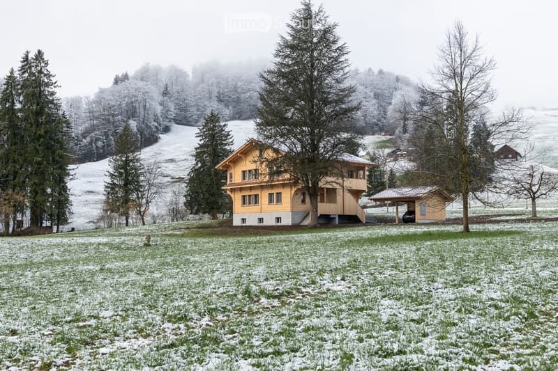 A two-story yellow house with a balcony and a small garage, surrounded by snow-covered trees and a field.