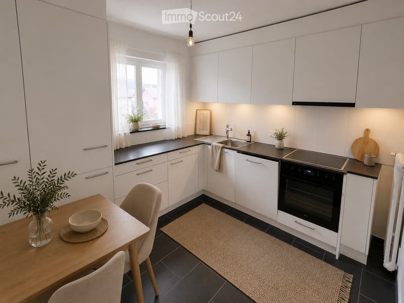 Modern kitchen with white cabinets, black countertops, and stainless steel appliances. Includes a wooden dining table with chairs, a bowl, a vase with plants, and a cutting board on the counter.
