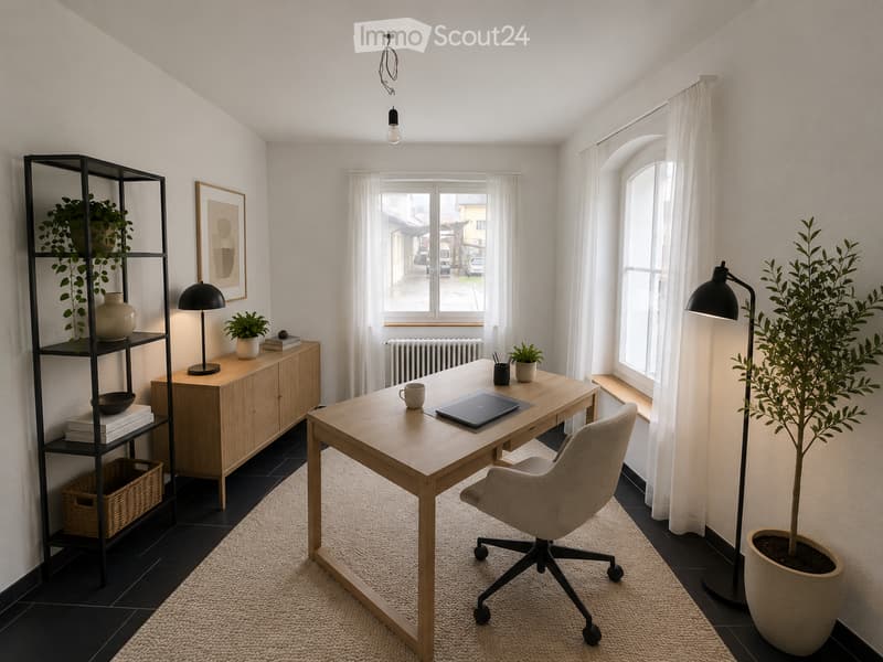 Modern, well-lit room with a wooden desk, ergonomic chair, laptop, and various decorative items including plants, a shelf with books and vases, and a cabinet.