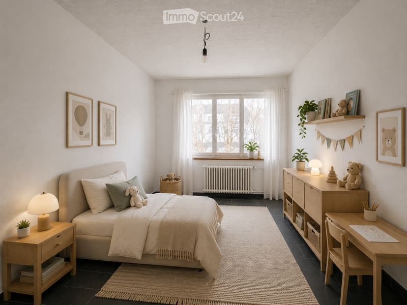 Cozy, well-lit bedroom with a bed, nightstand, desk, and shelves. Features a large window with curtains, framed artwork, and decorative plants.