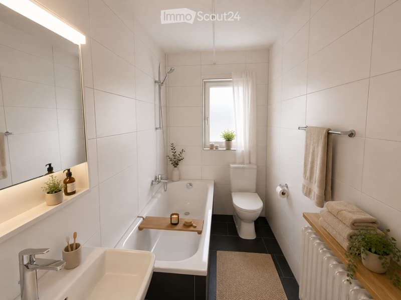 Modern bathroom with white tiles, bathtub, toilet, sink, and wooden shelf holding towels and plants. Features a large mirror, showerhead, and small decorative items.
