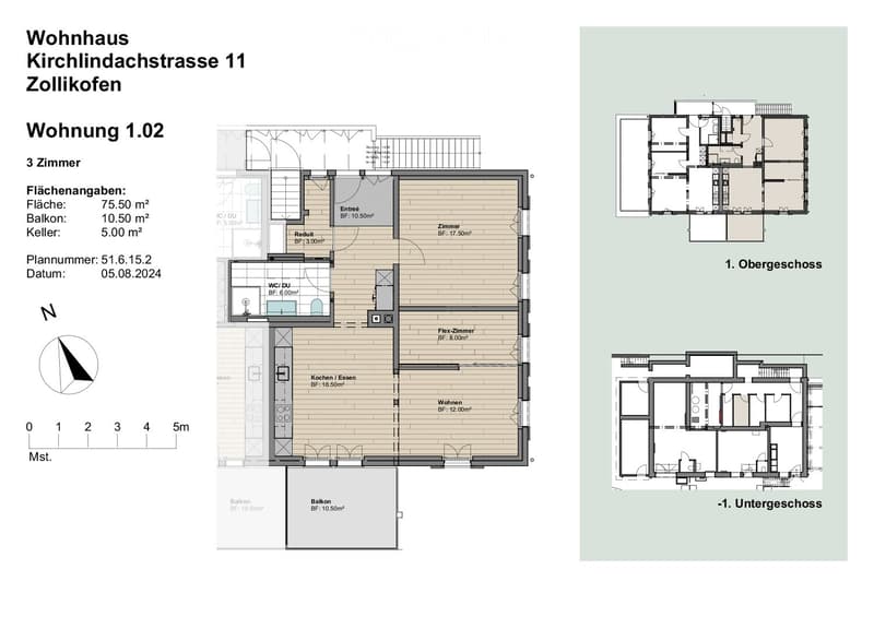 Floor plan of a 3-room apartment with 75.50 m² living space, including a kitchen, living room, bedroom, and balcony.