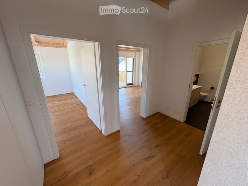 A narrow hallway with wooden flooring and white walls, leading to an open area with large windows and a bathroom visible on the right side.