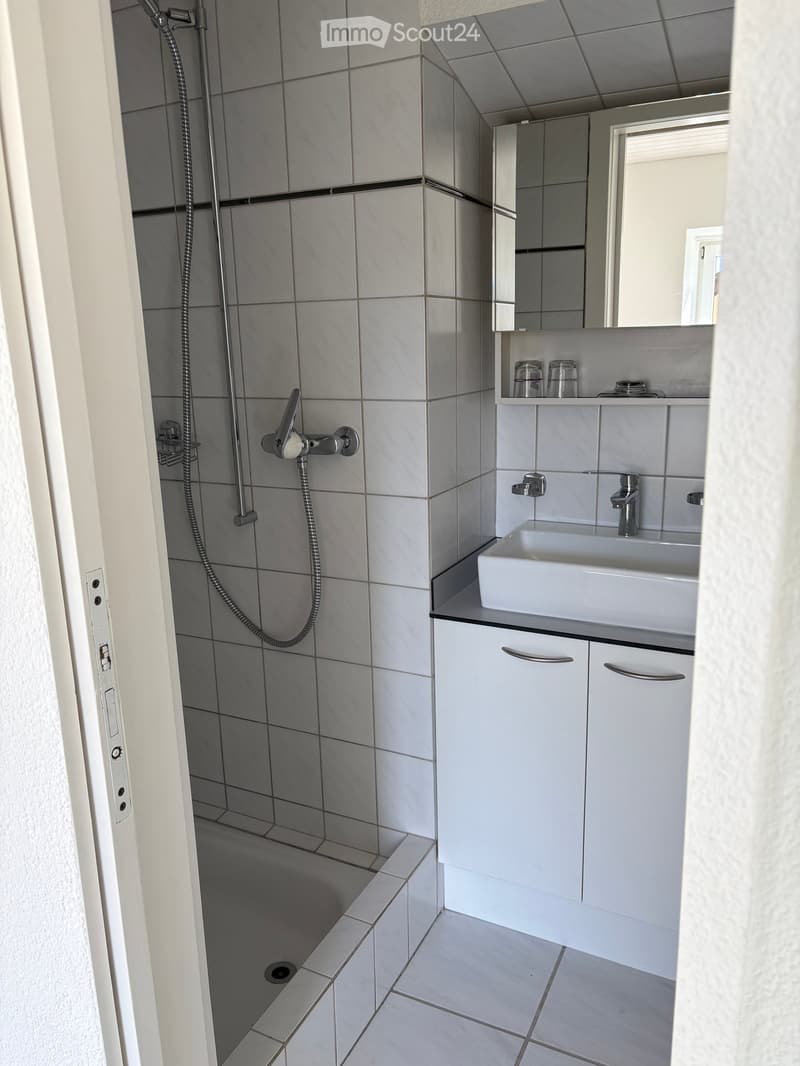 Modern bathroom with white tiles, a corner shower, a white sink with a modern faucet, and white cabinets with silver handles.