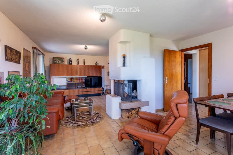 Living room with tiled floor, fireplace, leather sofa, armchair, coffee table, TV cabinet, and dining area with table and chairs.