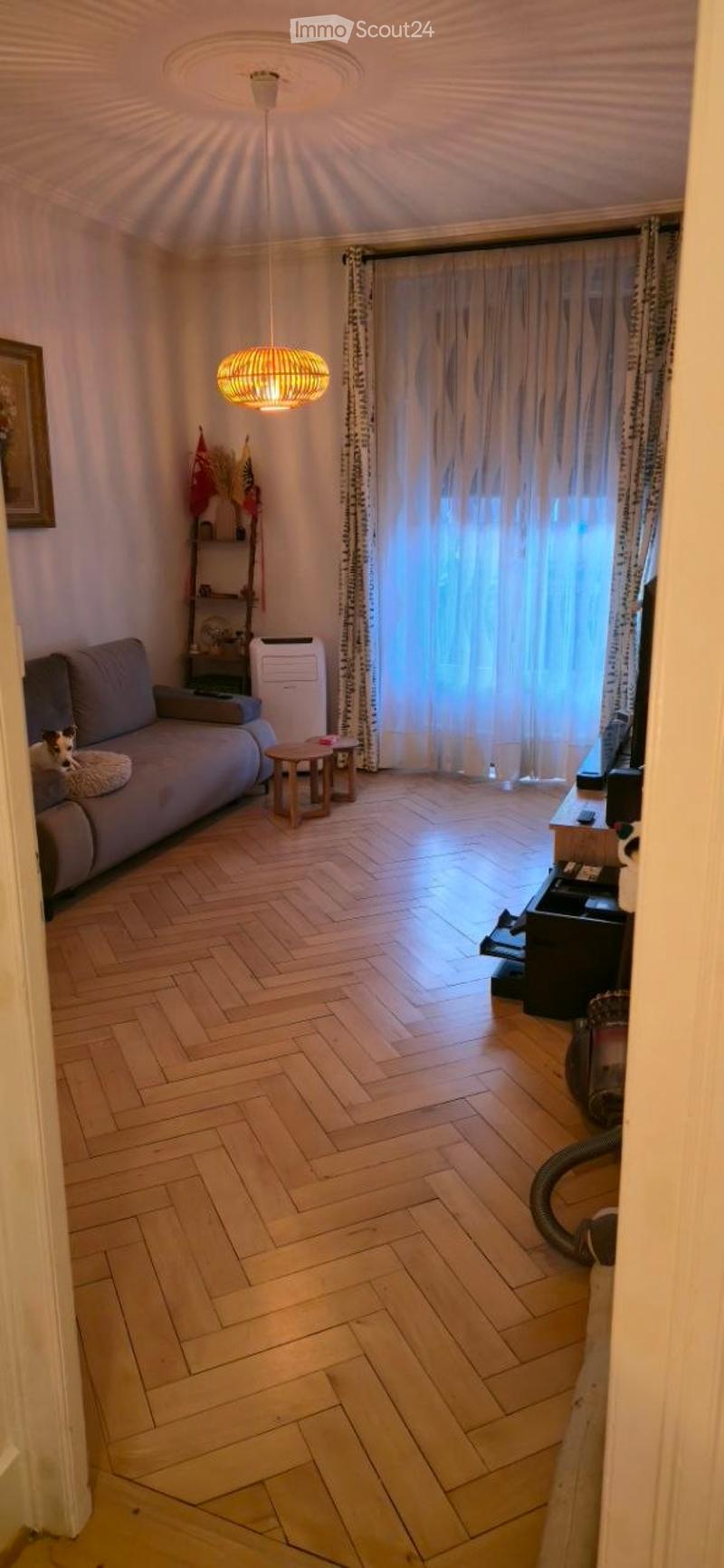 A modern living room with herringbone wooden flooring, a grey sofa with a small dog, a small wooden table and chair, a hanging lamp, a shelf with decorative items, and an air conditioner unit.