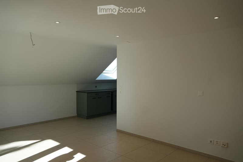 Empty room with tiled floor, white walls, and built-in cabinets. Natural light enters through a skylight window.
