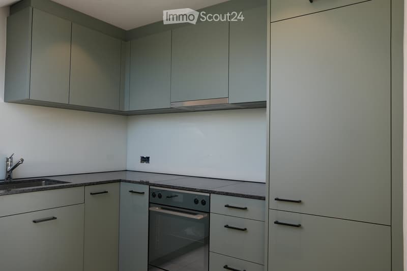 Modern kitchen with grey cabinets, a stainless steel sink, and an oven. The countertops are dark with a speckled pattern, and the walls are white.