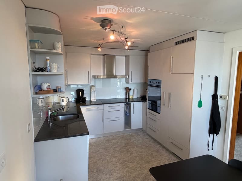 Modern kitchen with white cabinets, black countertops, stainless steel appliances, and a central island. Includes a sink, oven, refrigerator, and various kitchen items on the counter and shelves.