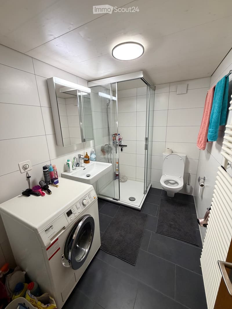 Modern bathroom with a washing machine, sink, toilet, shower, mirror, and various toiletries. Features a radiator, towels, and a dark tiled floor.