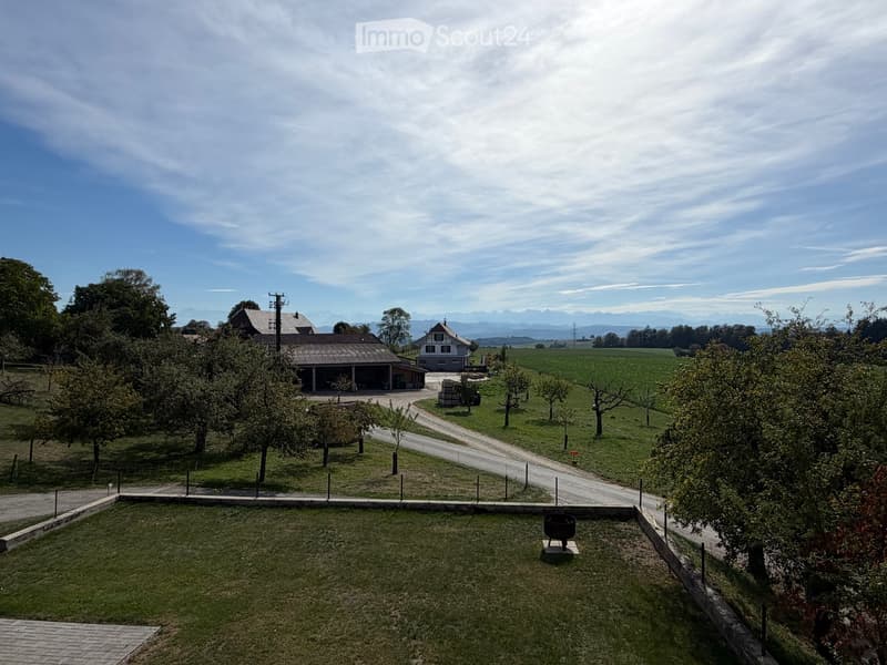A rural landscape with a large house, outbuilding, orchard, and open fields under a partly cloudy sky.
