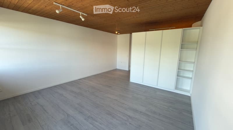Empty room with light wooden flooring, white walls, and built-in white closet units with open shelving.