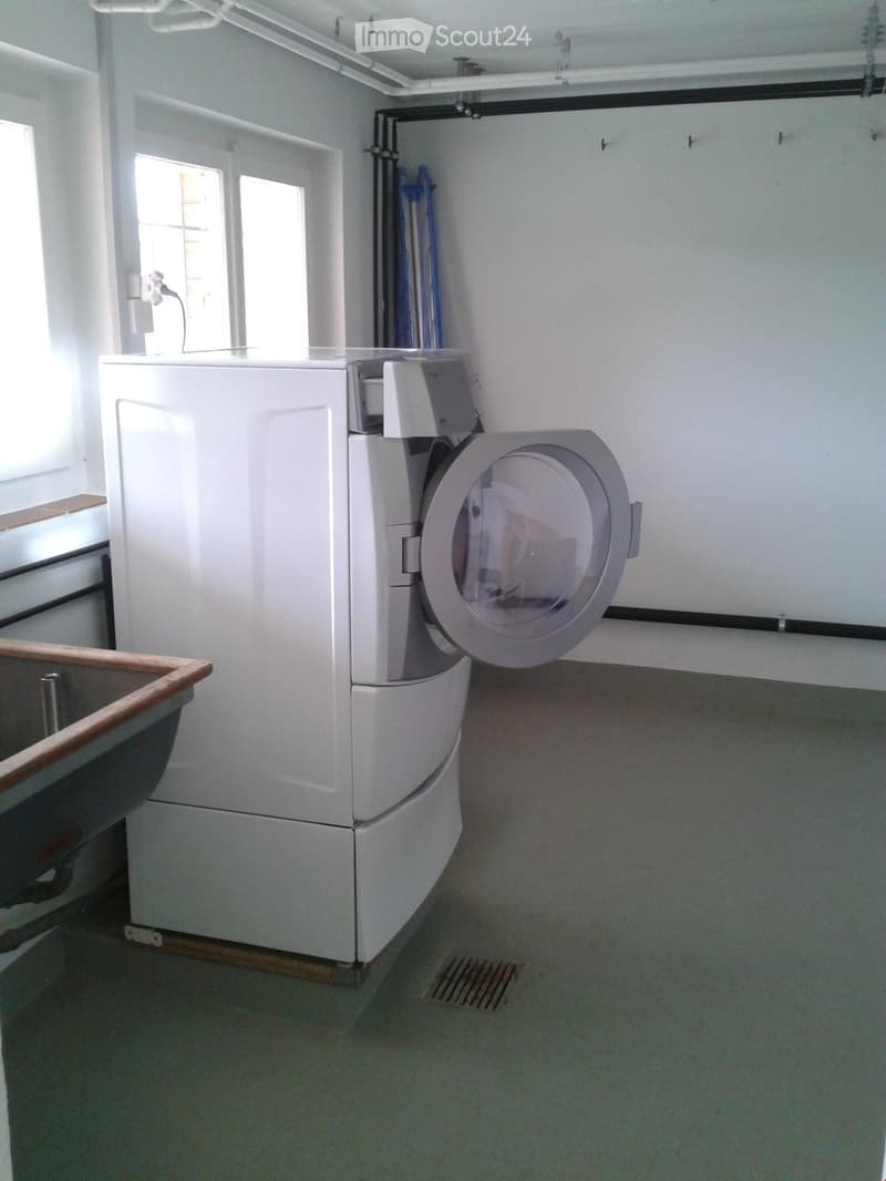 A small utility room with a white washing machine and a sink, featuring a window and a wooden shelf.