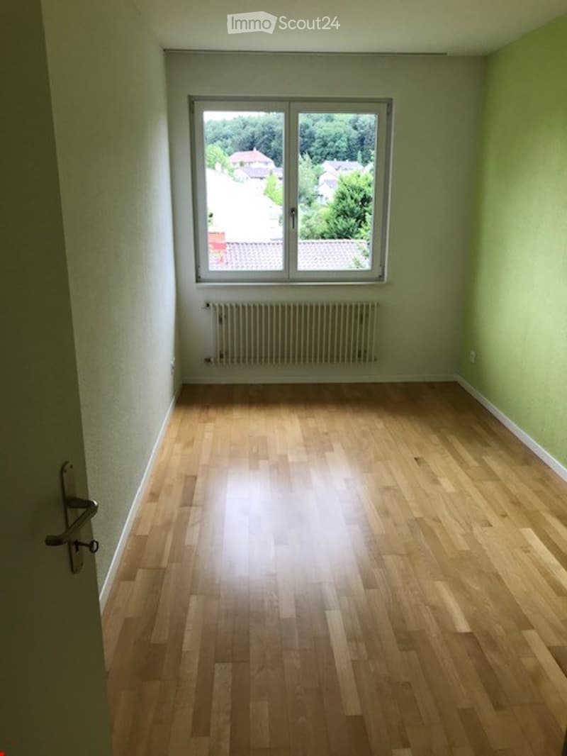 Empty room with light green walls, wooden floor, large window with view, radiator, and door.