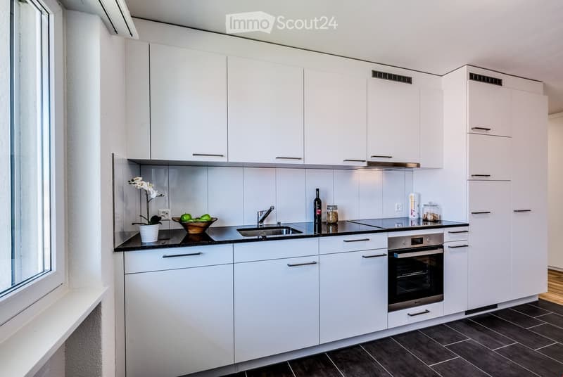 Modern kitchen with white cabinets, black countertop, stainless steel sink, and built-in oven. Includes a flower pot, bowl, bottle, and jars on the counter.