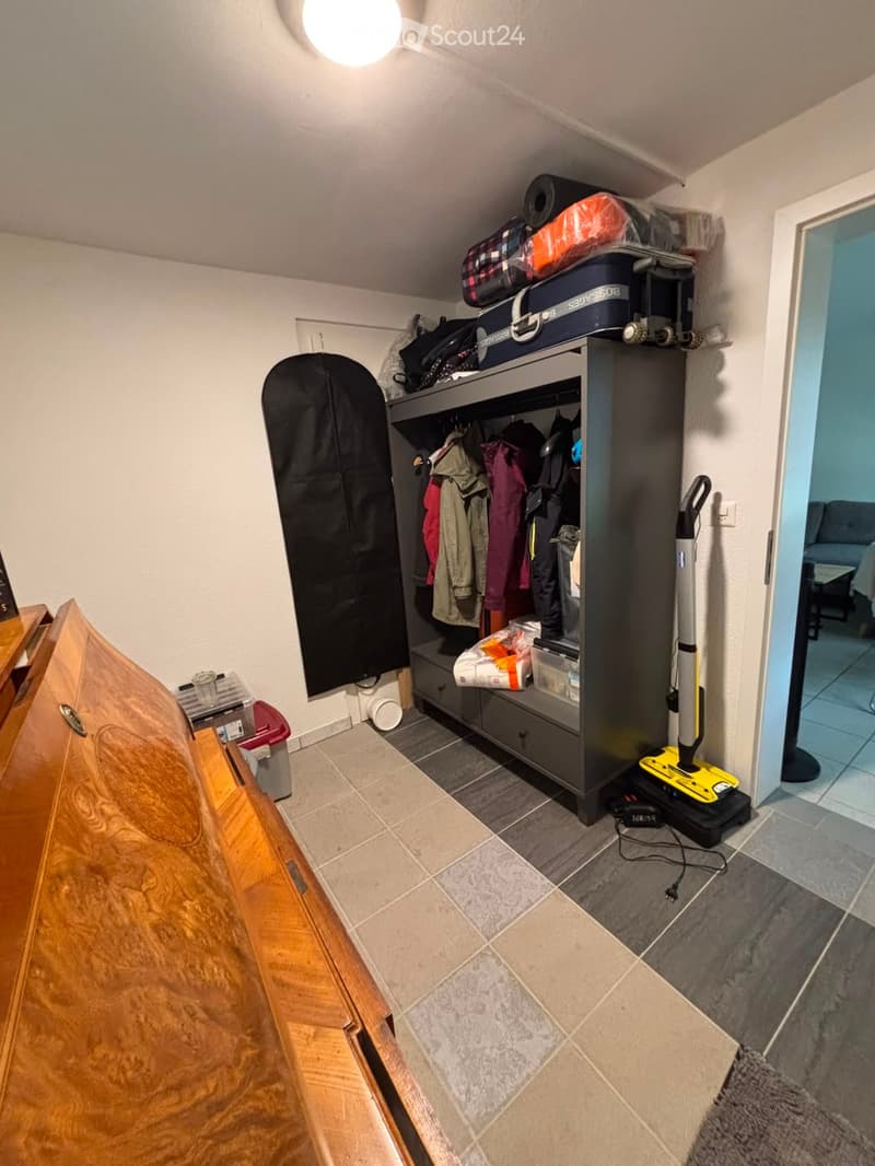 A well-organized storage room with a large wardrobe, vacuum cleaner, suitcases, and storage boxes. The room features tiled flooring and a wooden cabinet.