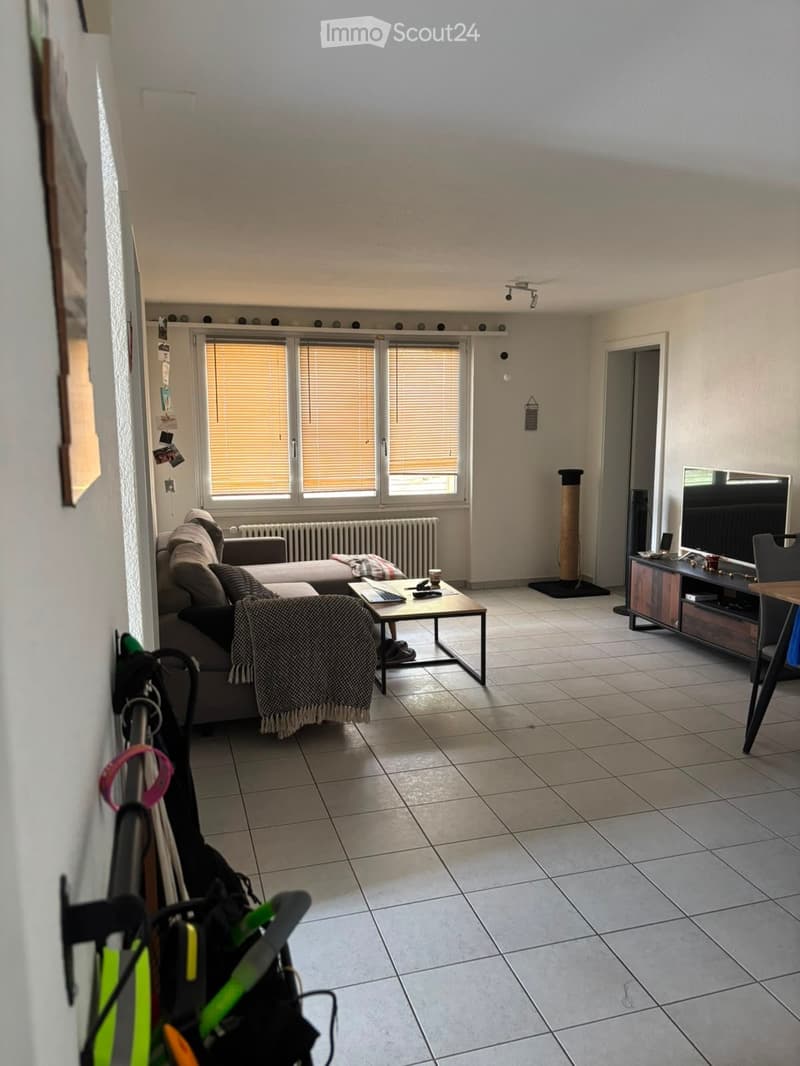 Living room with tiled floor, large window with blinds, sofa, coffee table with laptop, cat tree, TV stand, and a chair.