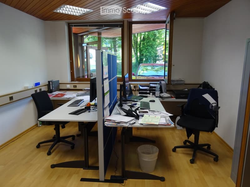 Office space with two desks, chairs, computers, keyboards, and a calendar on the wall. The room has wooden flooring and large windows with blinds.