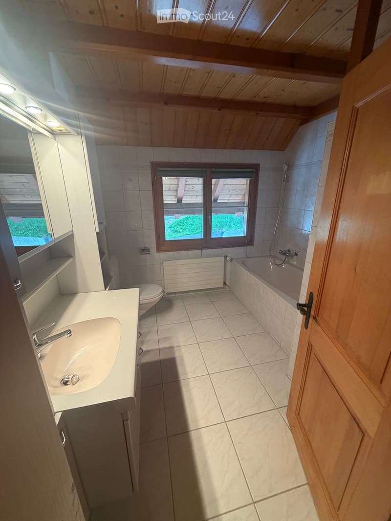 Bathroom with a sink, toilet, bathtub, radiator, and a window with wooden frame. The room features tiled walls and floor, and a wooden ceiling with skylights.