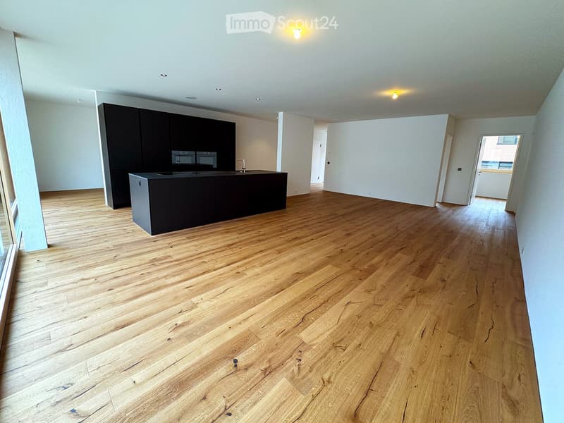 Open-plan space with light wooden flooring, white walls, and a modern black kitchen unit with a countertop and built-in appliances.