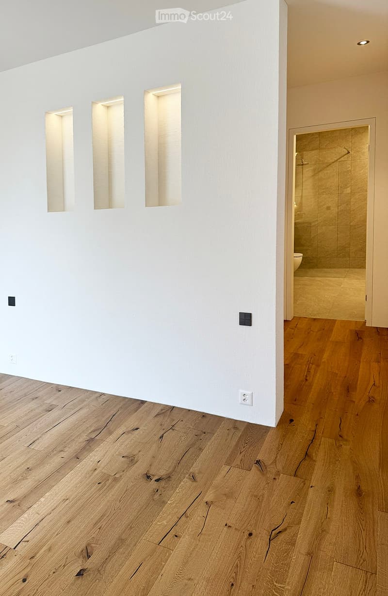 A modern, minimalist hallway with light wooden flooring and white walls. Three rectangular niches are embedded in the wall, and a glass-enclosed bathroom is visible at the end of the corridor.