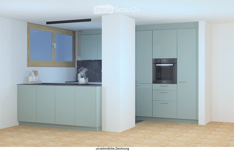 Modern kitchen with light blue cabinets, a built-in oven, and a countertop with a pot and utensils. The space features a large window and a wooden floor.