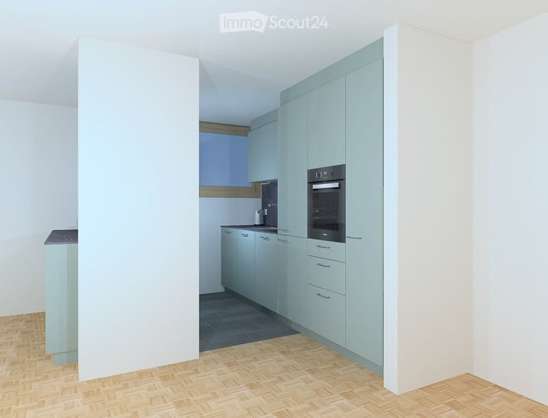 Modern kitchen with light blue cabinetry, dark countertop, and built-in oven. Wooden herringbone flooring.