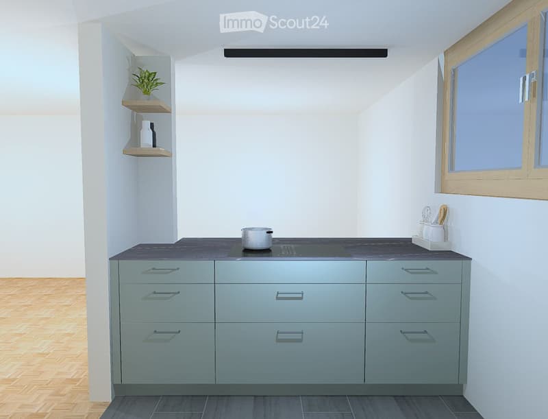 Modern kitchen with light blue cabinets, dark countertop, and a small potted plant on a floating shelf.