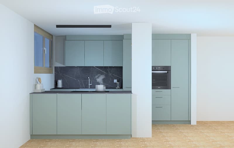 Modern kitchen with light blue cabinets, dark marble backsplash, and wooden flooring. Features a sink, oven, and various kitchen utensils.