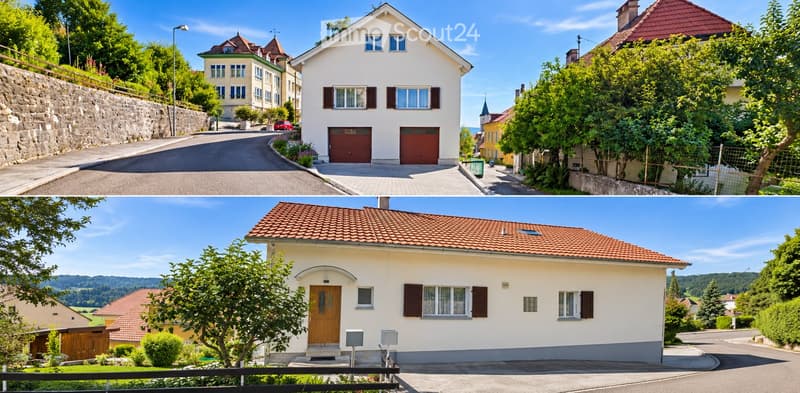 Four distinct houses shown in a collage, each with unique architectural styles and features, including a two-story house with a garage, a multi-story house with a stone wall, and a single-story house with a red-tiled roof.