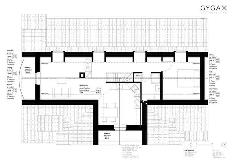 Floor plan of a multi-level residential building showing rooms, balconies, and utility areas. Includes labeled spaces such as living areas, bedrooms, bathrooms, and a kitchen/dining area.
