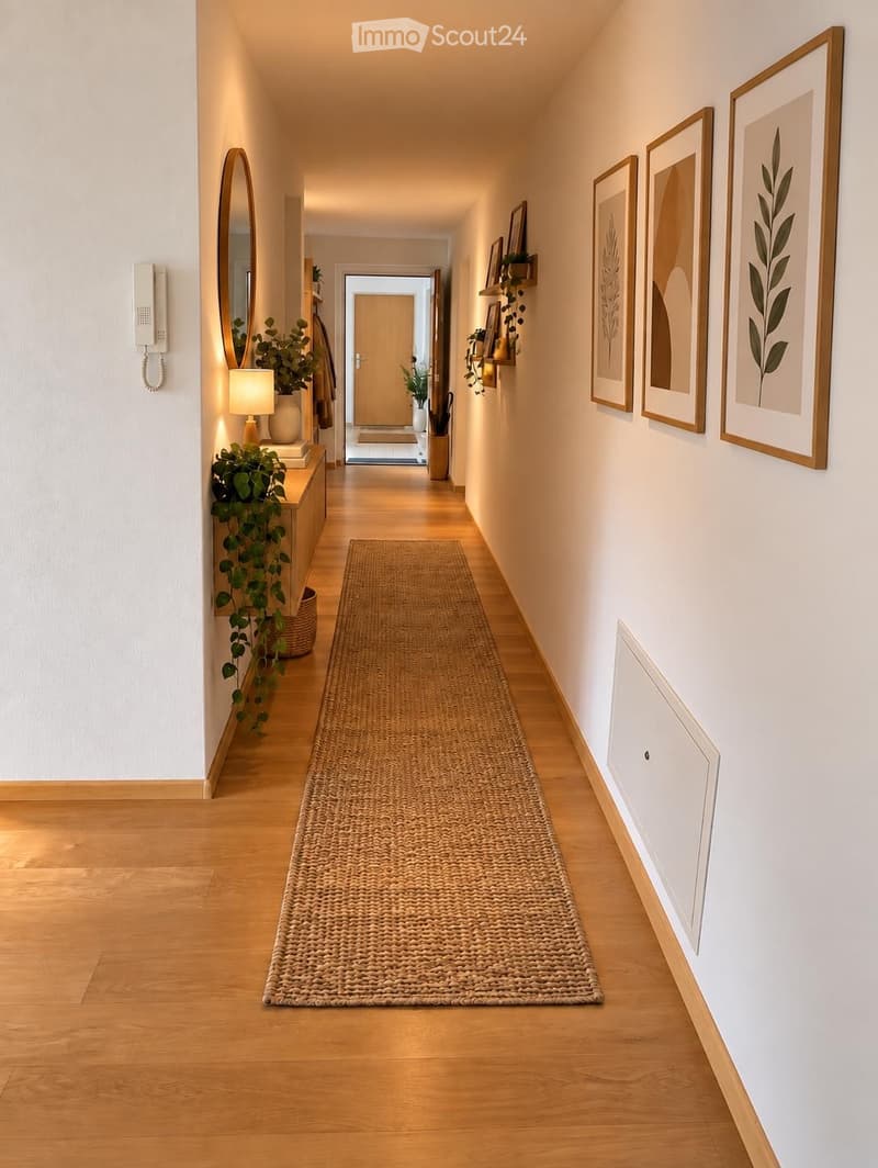 Modern hallway with wooden flooring, a woven runner, wall-mounted shelves, framed artwork, and a small plant on a side table.