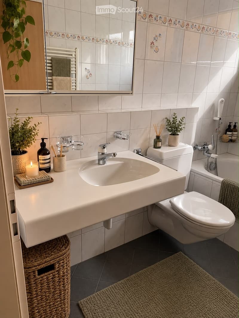 Modern bathroom with white tiles, a sink, toilet, bathtub, and a mirror above the sink. Includes a towel rack, a candle, a soap dispenser, toothbrush holder, and decorative plants.