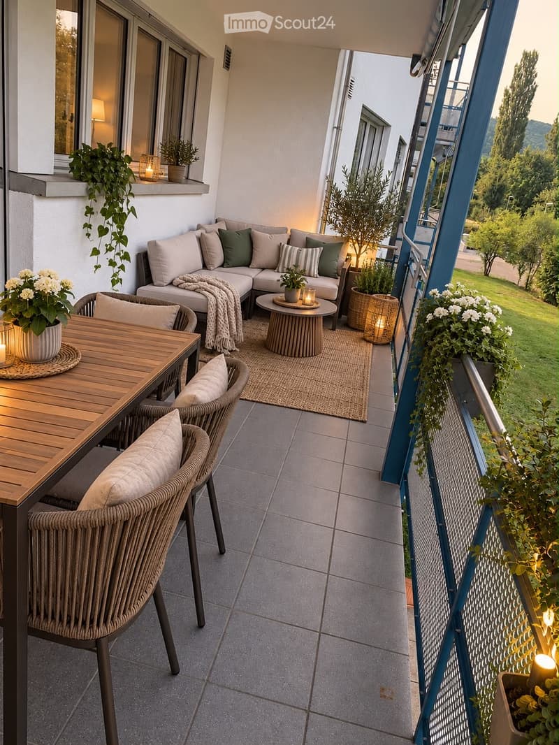 Balcony with grey sofa, wooden dining table, wicker chairs, small round table, rug, cushions, and potted plants.