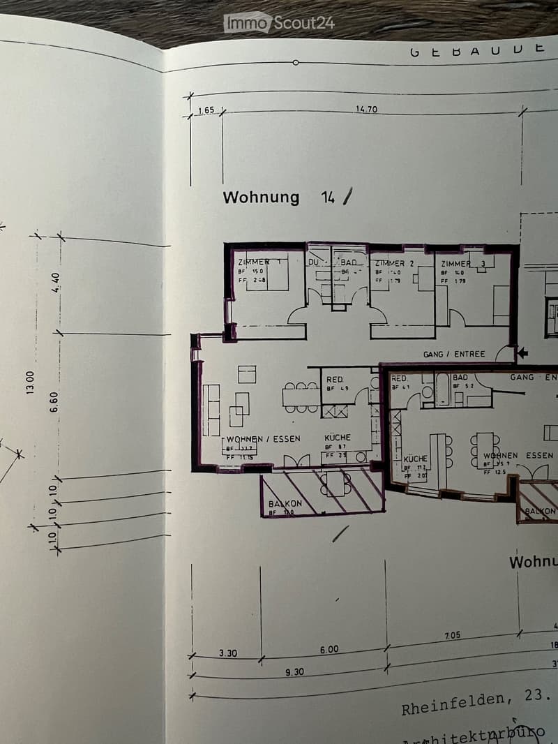 Floor plan of apartment14 showing living/dining area, kitchen, three bedrooms, two bathrooms, and two balconies.