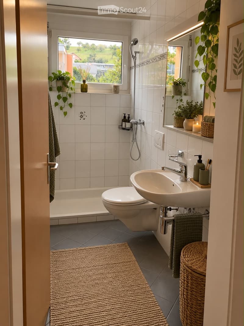 Modern bathroom with white tiles, a large window, a sink, toilet, shower, and decorative plants on the windowsill.