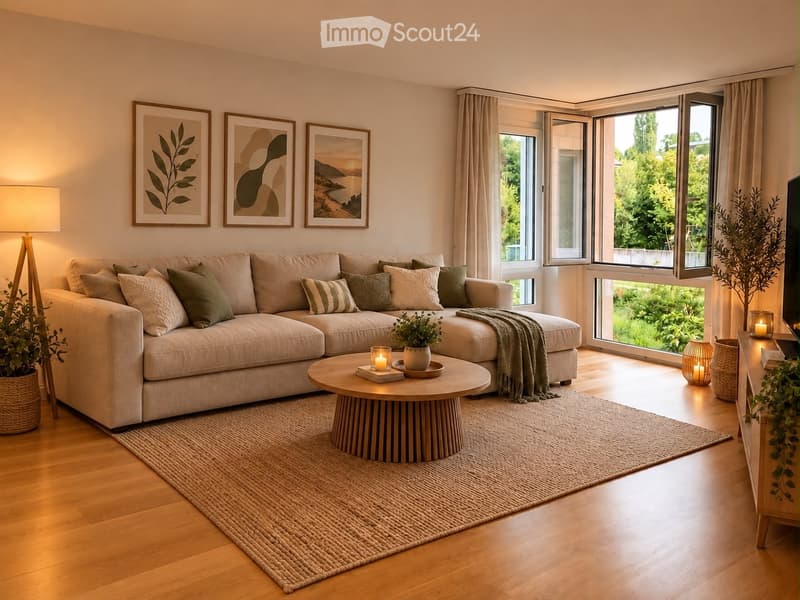 Modern living room with a large sectional sofa, coffee table, floor lamp, and large windows with curtains. The room features a neutral color palette with wooden flooring and a woven rug.