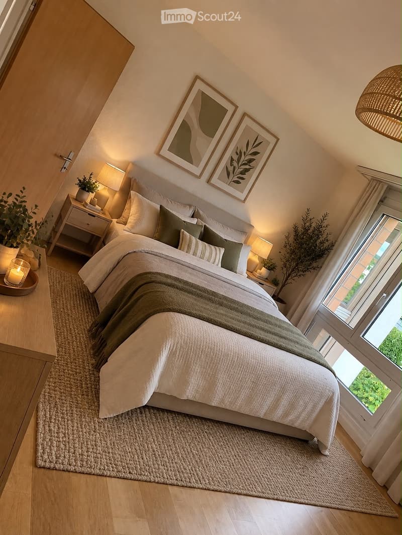 Cozy bedroom with a large bed, nightstands, lamps, artwork, and a large window with a view.