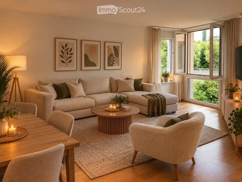 Modern living room with a large sectional sofa, coffee table, armchair, dining table, and chairs. Features large windows with curtains, artwork on the wall, and decorative plants.