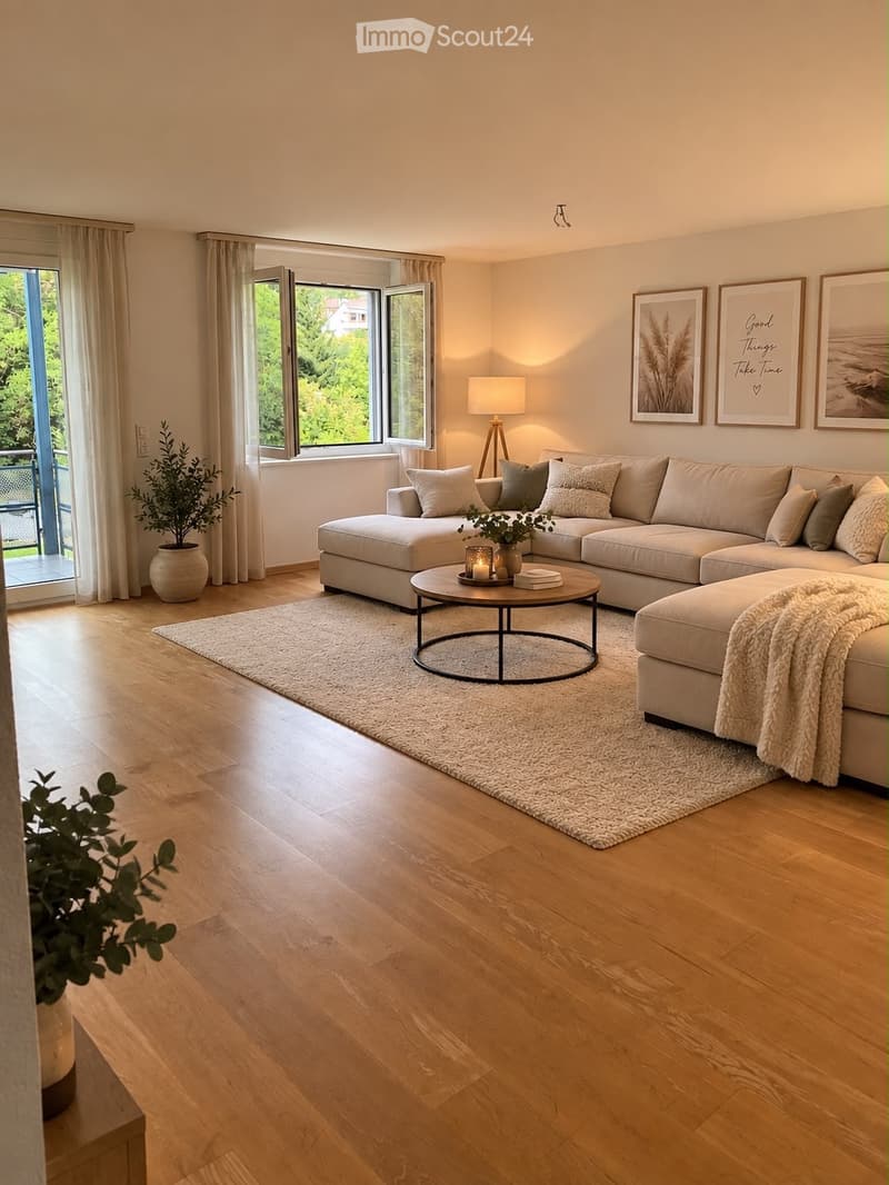 Modern living room with light-colored sectional sofa, coffee table, floor lamp, and decorative plants. Large windows with curtains and a view of greenery.