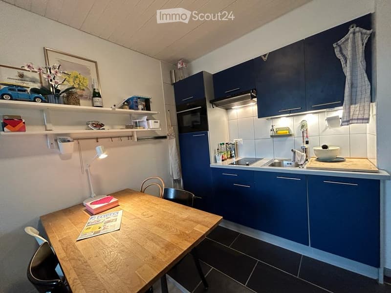 small kitchen, blue cabinets, silver sink, wooden table, white walls, floor lamp