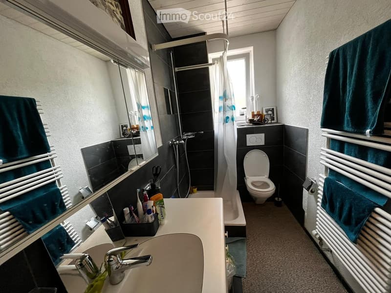 white sink, large mirror, shower cubicle, white toilet, towel rack