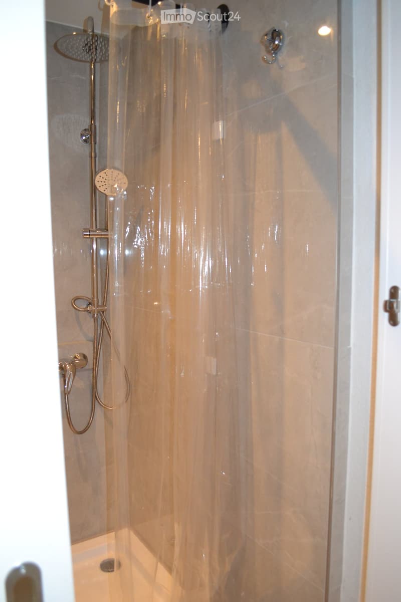 Modern bathroom with a glass shower enclosure, a shower curtain, and a handheld showerhead with multiple spray settings.