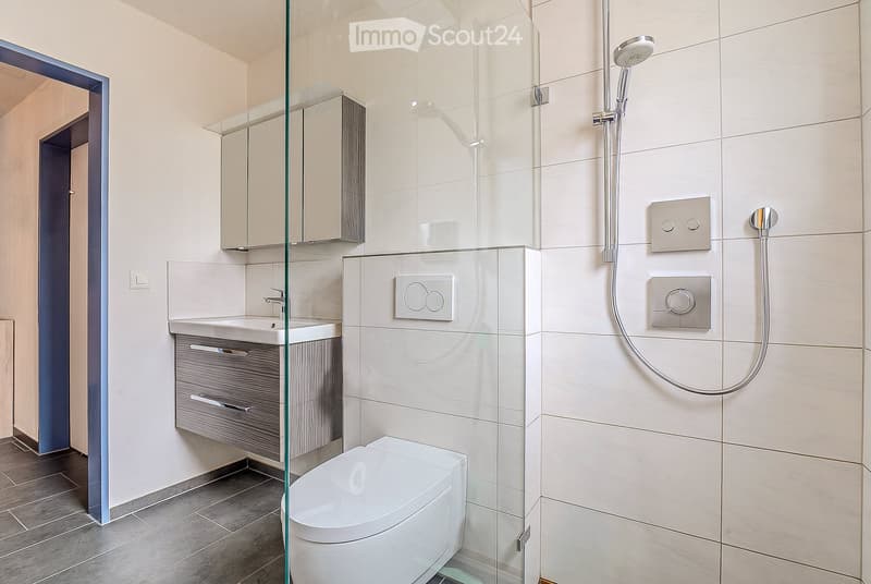 Modern bathroom with white tiles, a glass-enclosed shower, a sink with a modern faucet, a toilet, and a mirrored cabinet.