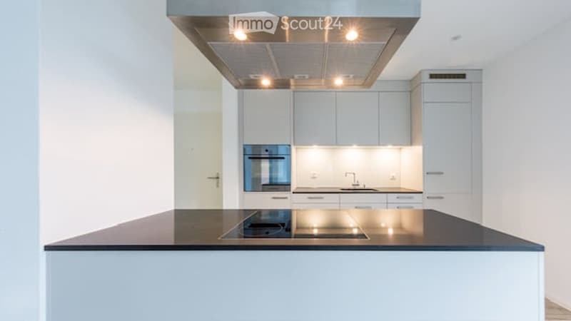 Modern kitchen with white cabinets, stainless steel appliances, and a central island with a black countertop.