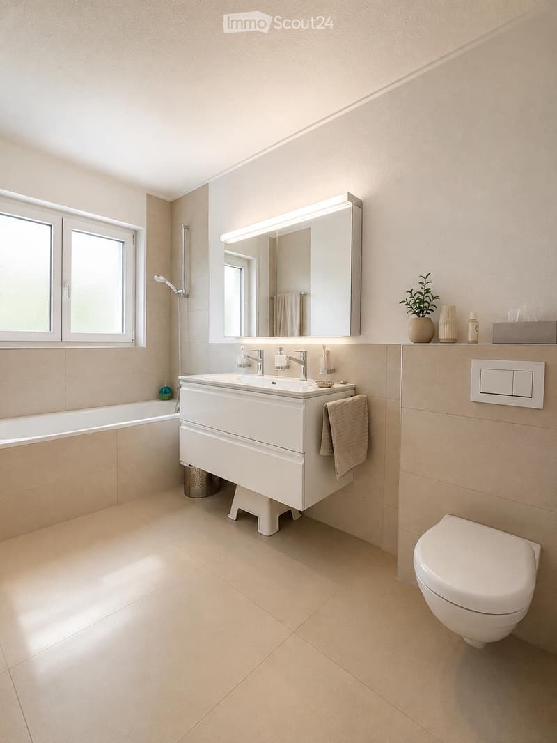 Modern bathroom with beige tiles, a white sink with a mirror, a toilet, a bathtub, and a small plant on the windowsill.