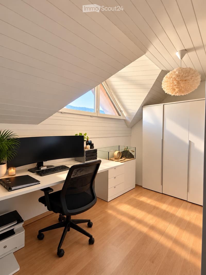 Bright, modern attic office with slanted wooden ceilings, large windows, a white desk, ergonomic chair, computer setup, and a hanging spherical lamp.